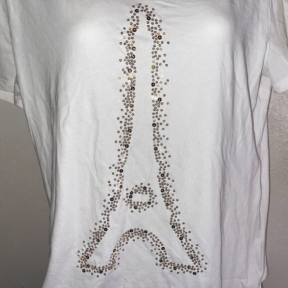 Karl Lagerfeld Paris Embellished Eiffel Tower Tee Size M Gold sequins - Picture 2 of 5